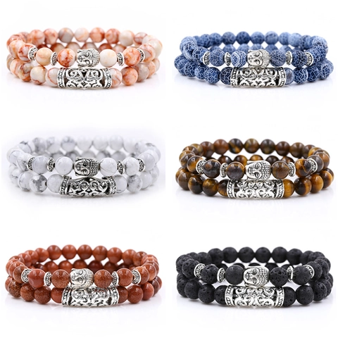 Buddha Head Natural Stone Beads Bracelet Set Ethnic Bohemian Alloy Hollow Tube Elastic Hand Chain For Men Women Jewelry