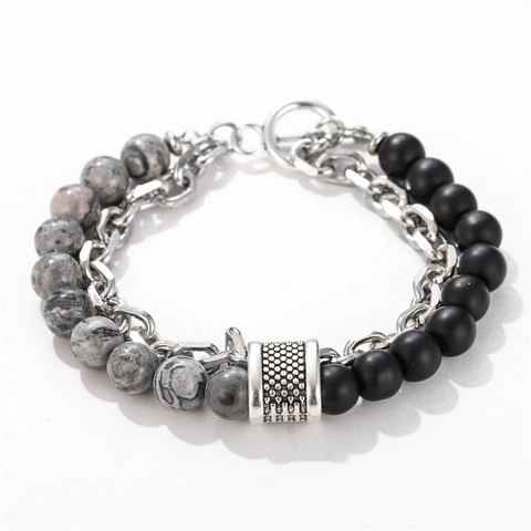 Pulsera de Cadena de Cuentas de Doble Capa para Hombre Punk con Cristal Artificial Aleación Piedra Broche de Palanca Joyería Vintage Hip Hop
