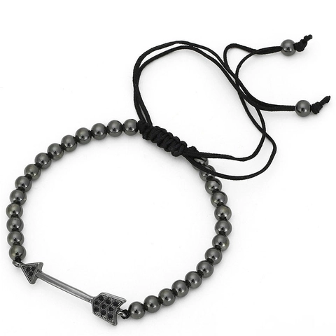 Juego de Pulseras para Hombre Estilo Punk Cuentas Negras Mate Esfera de Circonia de Cobre y Colgante de Flecha Tejida Joyería