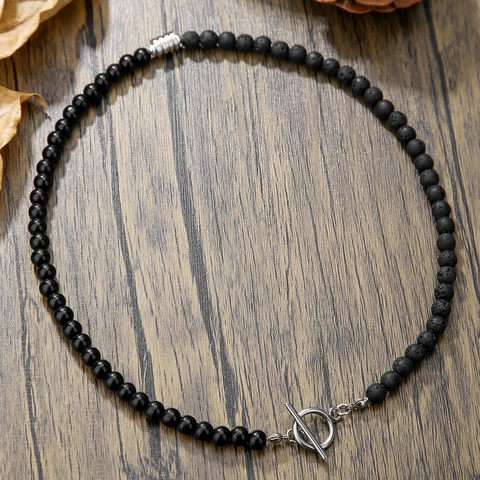 Handgefertigte Naturstein Perlenkette Edelstahl OT Schnalle Lavastein Tigerauge Spleißdesign Neutraler Halsschmuck Schmuck