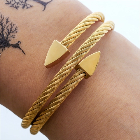 Titanium Steel Cable Cuff Bracelet Double Layer Triangle Ends Geometric Bracelet Gold Silver Black Jewelry For Men Women