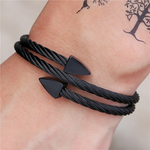 Titanium Steel Cable Cuff Bracelet Double Layer Triangle Ends Geometric Bracelet Gold Silver Black Jewelry For Men Women
