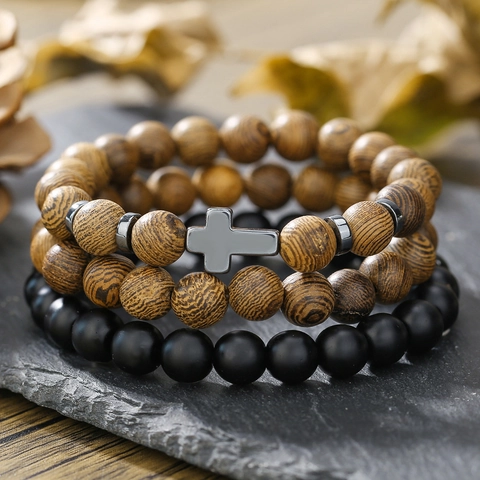 Vintage Men Handmade Beaded Bracelet Combination Wood Beads Hematite Matte Stones Cross Pendant Religious Bohemian Jewelry