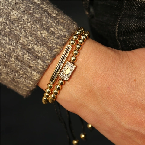 Punk Men Alloy Zirconia Crown Bracelet Rectangular Bar Beaded Adjustable Woven Rope Charm Wristband Fashion Jewelry Gift