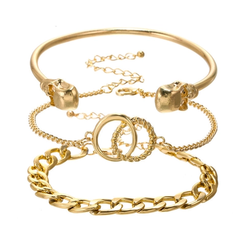 Punk Alloy Skull Open Bangle Double Ring Fine Chain Cuban Link Bracelet Multi Layered Geometric Hip Hop Jewelry For Women Men