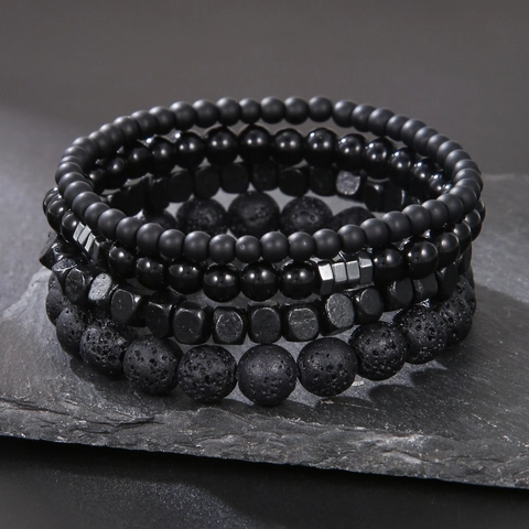 Juego de Pulseras Punk para Hombre de Piedra Natural y Cuentas de Madera Pulsera de Lava de Piedra Volcánica Joyería Boho