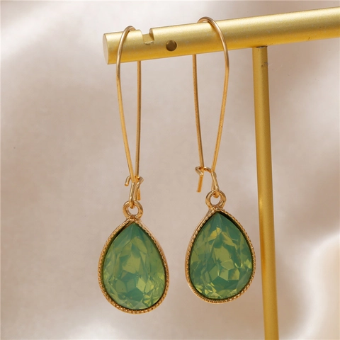 Vintage Gold Plated Alloy Water Drop Dangle Earrings Long Pear Cut Synthetic Crystal Stone Hook Earrings For Women Jewelry