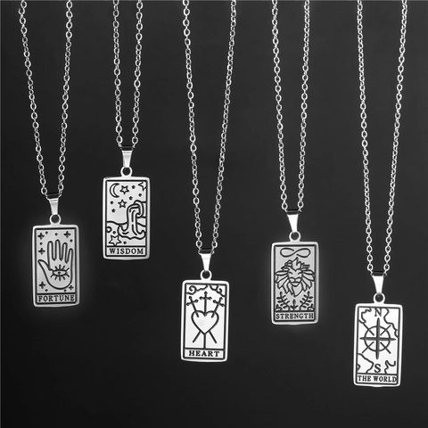Collier Pendentif Carte de Tarot en Acier Inoxydable Vintage Or Argent Soleil Lune Étoile Bijoux Mystiques pour Femmes Cadeau