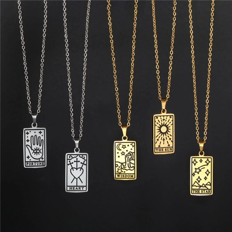 Collier Pendentif Carte de Tarot en Acier Inoxydable Vintage Or Argent Soleil Lune Étoile Bijoux Mystiques pour Femmes Cadeau