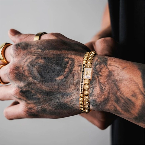 Retro Herren Krone Stapelarmband Kupfer Vergoldet Zirkonia Verstellbares Geflochtenes Seil Hip Hop Schmuck