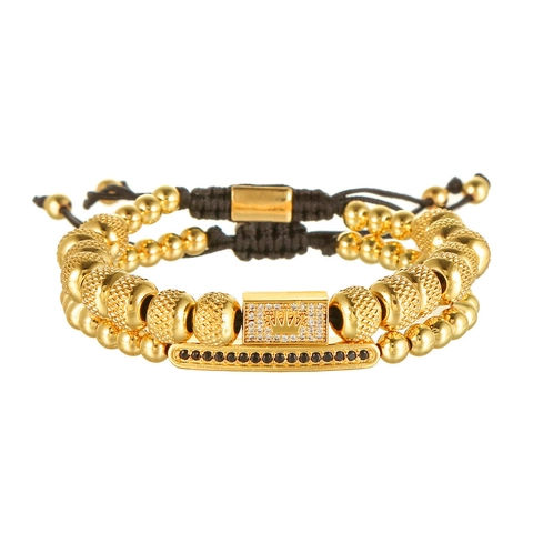 Retro Herren Krone Stapelarmband Kupfer Vergoldet Zirkonia Verstellbares Geflochtenes Seil Hip Hop Schmuck