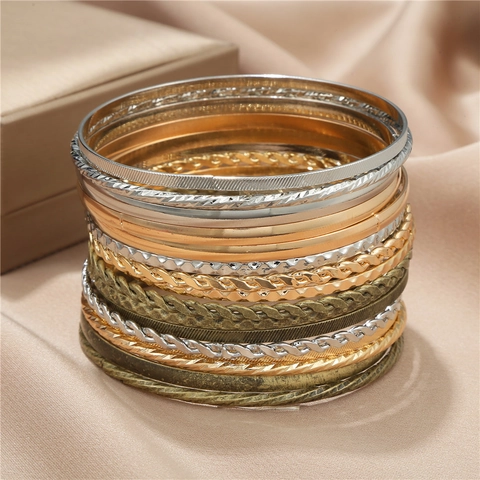 16Pcs Bohemian Stackable Metal Bangle Set Mixed Gold Silver Antique Bronze Geometric Textured Iron Bracelets For Women Men Jewelry
