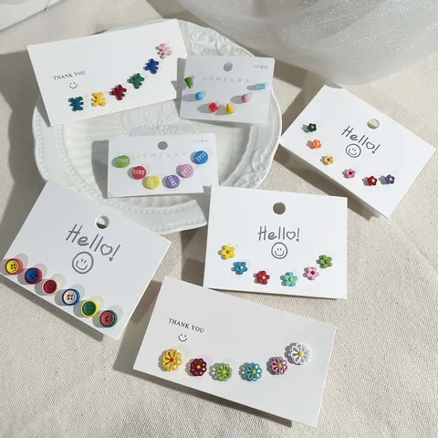 Cute Enamel Bear Button Heart Stud Earrings Set With 925 Sterling Silver Earring Post Colorful Korean Fashion Ear Jewelry For Women Girls