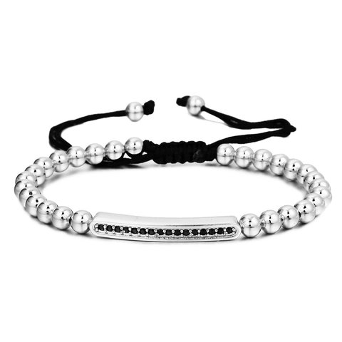 Handmade Copper Beaded Adjustable Bracelet For Men Women Micro Inlaid Black Rhinestone Bar Charm Jewelry Gold Silver Black Plated