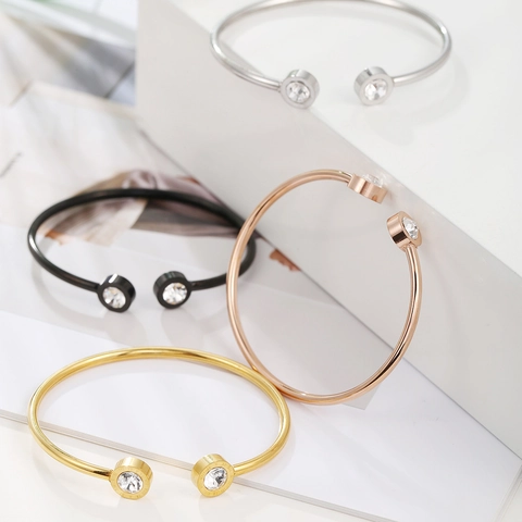Brazalete Abierto de Números Romanos de Acero Inoxidable para Mujer Acero de Titanio Circón Incrustado Oro Plata Oro Rosa Negro Joyería Regalo