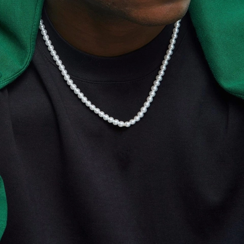 Collana di Künstliche Perle di Vetro da Uomo Con Accessori in Acciaio Inossidabile Stile Hip Hop Punk Catena di Perline Tonde Bianche