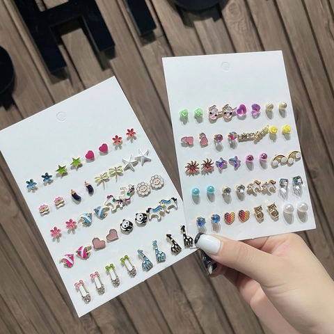 Fashion Cartoon Animal Fruit Alloy Enamel Stud Earring Set For Women Rhinestone Artificial Pearl Mixed Earrings Jewelry Gift