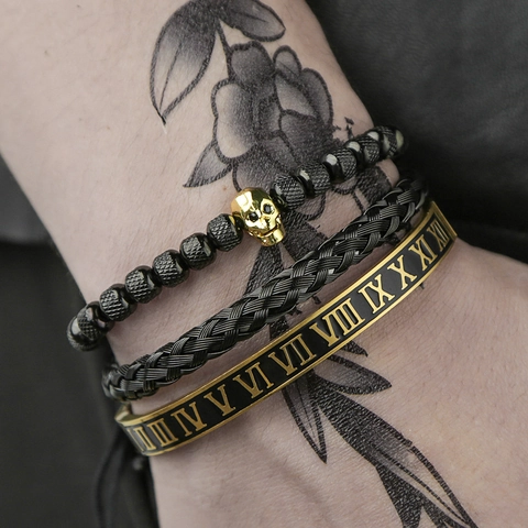 Set di Braccialetti Multipli da Uomo in Acciaio Inossidabile Punk Vintage Con Bracciale a Cerchio Con Numeri Romani e Braccialetto Intrecciato Con Teschio in Zirconia