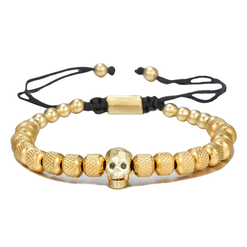 Pulsera de Cuentas de Calavera de Acero Inoxidable Retro para Hombre Punk Pulsera de Cuerda Trenzada Ajustable con Ojo de Zirconia