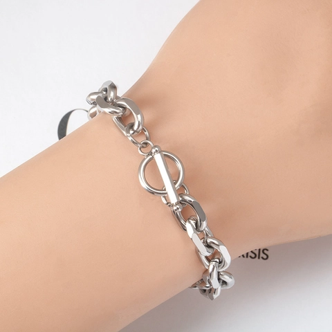 Bracciale a Catena Grossa in Acciaio Inossidabile di Moda per Uomo Donna Hip Hop Punk Chiusura Toggle Fibbia OT Bracciale a Catena O Argento