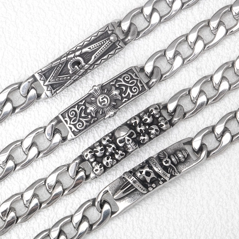 Punk Stainless Steel Skull Cross Cuban Chain Bracelet For Men Hip Hop Gothic Freemasonry Symbol Antique Silver Hand Jewelry