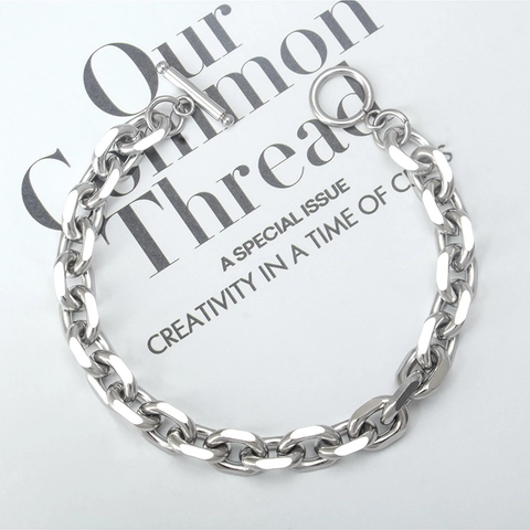 Bracciale a Catena Grossa in Acciaio Inossidabile di Moda per Uomo Donna Hip Hop Punk Chiusura Toggle Fibbia OT Bracciale a Catena O Argento