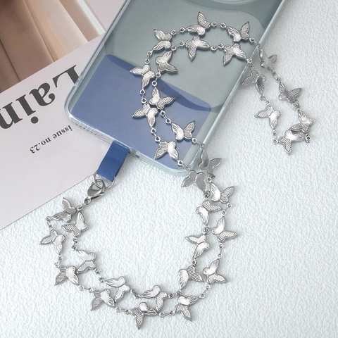 Mode Edelstahl Schmetterling Handy-Halsband Anti-Verlust斜跨 手腕 挂脖 Kette Für Herren Damen Handy Schmuck