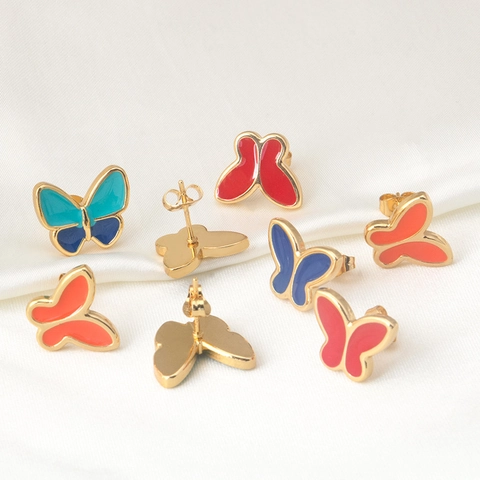 Pendientes de Botón de Mariposa de Acero Inoxidable para Mujer Chapados en Oro Esmaltados Coloridos Joyería Diaria