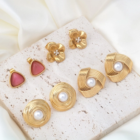 Vintage Stainless Steel Gold Plated Stud Earrings For Women Pink Cat Eye Artificial Pearl Rhinestone Geometric Flower Earrings Jewelry