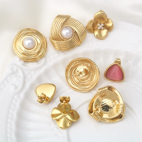 Vintage Stainless Steel Gold Plated Stud Earrings For Women Pink Cat Eye Artificial Pearl Rhinestone Geometric Flower Earrings Jewelry