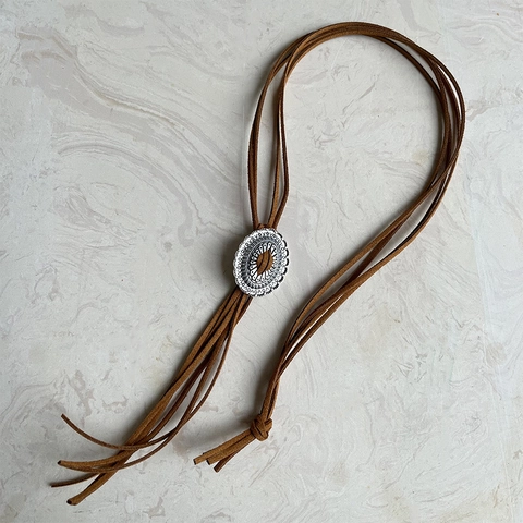 Vintage Westerse Cowboy Bolo Tie Halsketting Bohemian Legering Turkoois Holle Bloem Hanger Suède Kwastje Lange Trui Ketting Sieraden
