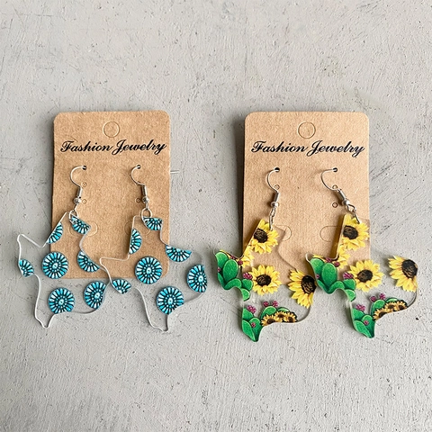 Western Texas Map Acrylic Dangle Earrings For Women Sunflower Cactus Printed Boho Style Cowboy Fashion Jewelry Gift