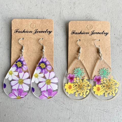 Acrylic Teardrop Flower Earrings For Women Printed Floral Dried Flower Drop Earrings For Mother's Day Valentine's Day Jewelry Gift