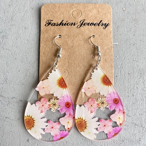 Acrylic Teardrop Flower Earrings For Women Printed Floral Dried Flower Drop Earrings For Mother's Day Valentine's Day Jewelry Gift
