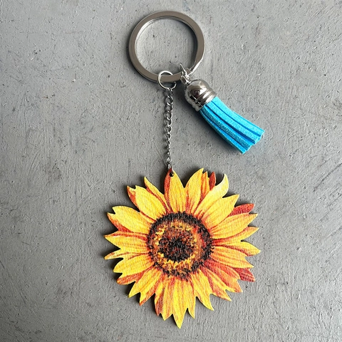 Portachiavi in Legno Western Vintage Girasole Cactus Ferro di Cavallo Pendente in Legno Stampato Con Nappina Boho Fascino della Borsa