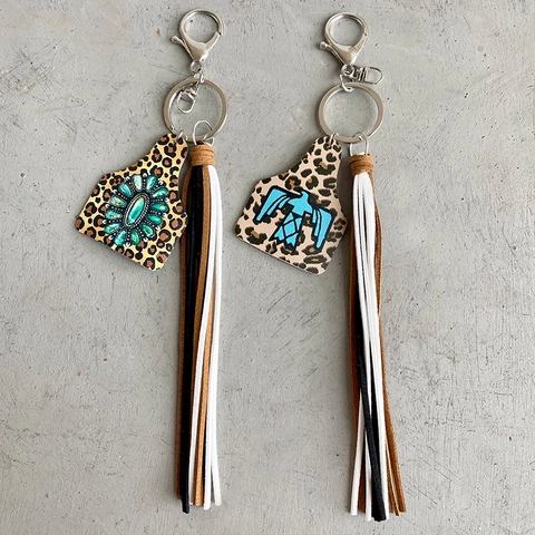 Western Cowboy Lederen Sleutelhanger Luipaardprint Koemarke Kwastje Sleutelhanger Boho Thunderbird Turkoois Hanger Sleutelring
