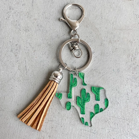 Porte-clés en Acrylique en Forme de Carte du Texas Avec Gland Tournesol Cactus Imprimé Anneau de Clé en Alliage pour Femmes Hommes