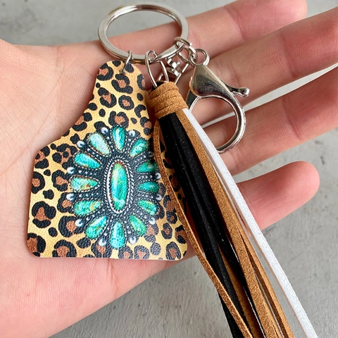 Western Cowboy Lederen Sleutelhanger Luipaardprint Koemarke Kwastje Sleutelhanger Boho Thunderbird Turkoois Hanger Sleutelring