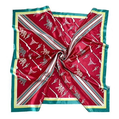 Pañuelo Cuadrado de Satén Bohemio Occidental para Mujer Étnico Vintage Elefante Cráneo de Toro Cactus Estampado Bufanda Grande