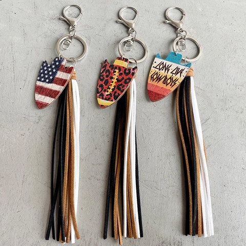 American Vintage Wood Keychain With Tassel Cowboy Style USA Flag Printed Arrowhead Pendant Bag Charm Fashion Keychain Jewelry