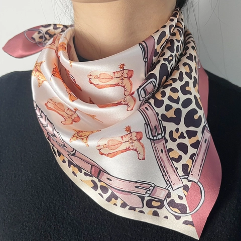 Leopard Western Cowboy Print Satin Scarf For Women Vintage Polyester Square Silk Feel Neck Scarf Head Scarf