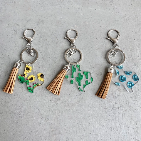 Porte-clés en Acrylique en Forme de Carte du Texas Avec Gland Tournesol Cactus Imprimé Anneau de Clé en Alliage pour Femmes Hommes