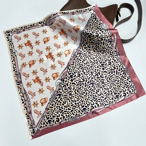 Leopard Western Cowboy Print Satin Scarf For Women Vintage Polyester Square Silk Feel Neck Scarf Head Scarf