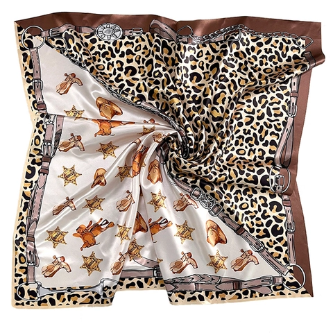 Cowboy Leopard Print Satin Square Scarf Vintage Western Boots Hat Sheriff Star Pattern Silk Like Shawl For Women