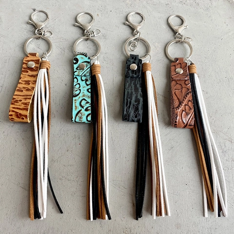 Porte-clés à Gland en Cuir Gaufré Vintage pour Femmes Hommes Fait Main Style Bohème Pendentif de Sac en Cuir Porte-clés Personnalisé