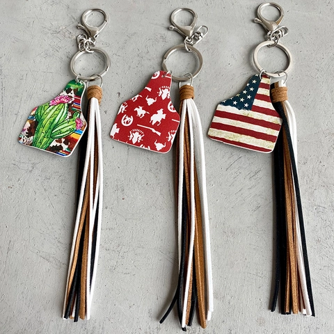 Western Cowboy Tassel Keychain Faux Leather Cactus American Flag Cow Tag Pendant Ethnic Style Bag Charm Key Ring