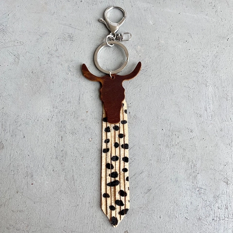 Llavero de Borla de Cuero con Estampado de Leopardo con Cabeza de Toro Occidental para Mujer Boho Vintage Bolso Colgante Accesorio