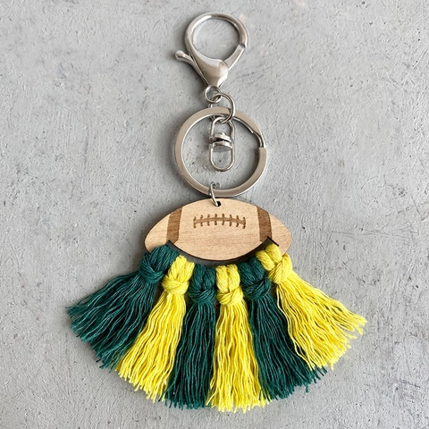 Portachiavi Boho Macramè Rugby Football Americano con Disco in Legno Nappa Fatta a Mano Ciondolo Borsa Accessorio Gioielli
