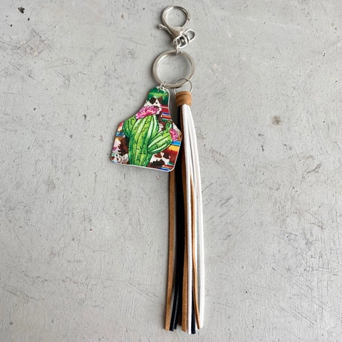 Western Cowboy Tassel Keychain Faux Leather Cactus American Flag Cow Tag Pendant Ethnic Style Bag Charm Key Ring