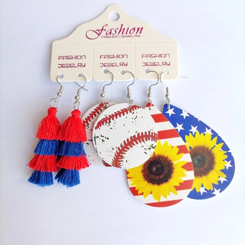 Bohemian Faux Leather Dangle Earring Collection For Women Tassel Baseball Sunflower Flag Geometric Teardrop Earring Jewelry